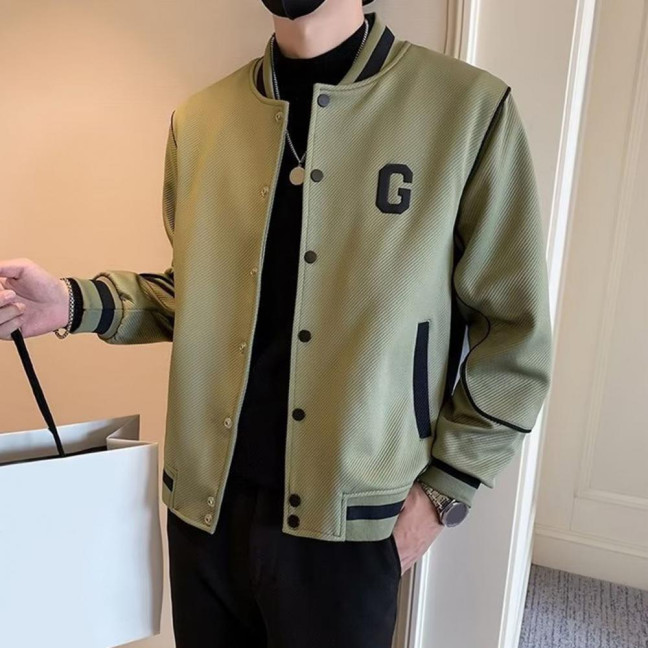 Men Baseball Coat Long Sleeve Single-Breasted Jacket with Letters Print Baseball Collar Outdoor Sports Outerwear