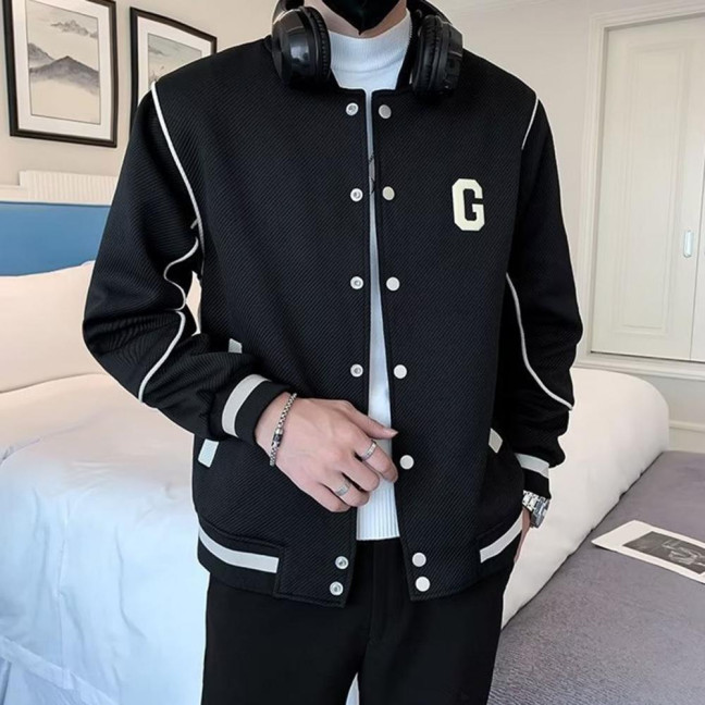 Men Baseball Coat Long Sleeve Single-Breasted Jacket with Letters Print Baseball Collar Outdoor Sports Outerwear