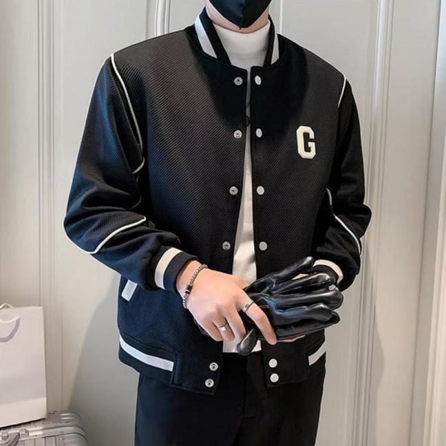Men Baseball Coat Long Sleeve Single-Breasted Jacket with Letters Print Baseball Collar Outdoor Sports Outerwear