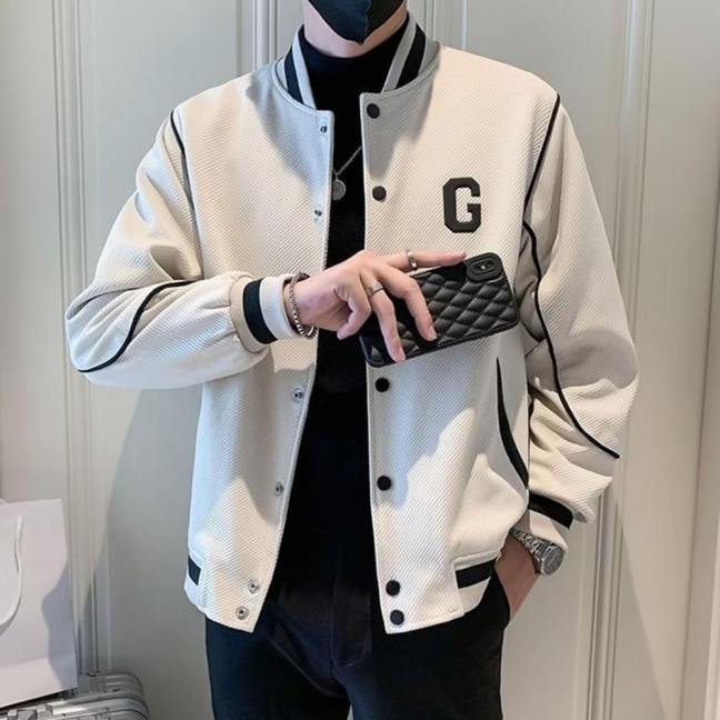 Men Baseball Coat Long Sleeve Single-Breasted Jacket with Letters Print Baseball Collar Outdoor Sports Outerwear