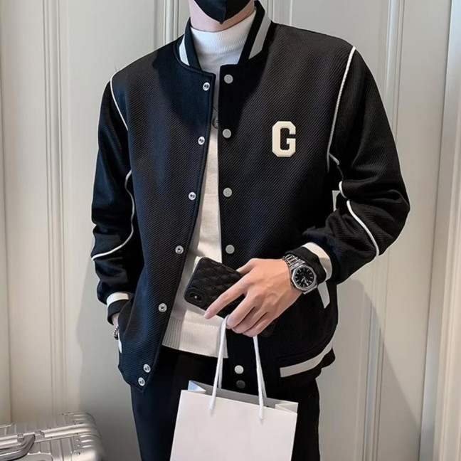 Men Baseball Coat Long Sleeve Single-Breasted Jacket with Letters Print Baseball Collar Outdoor Sports Outerwear
