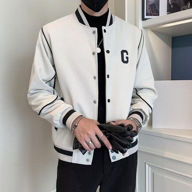 Men Baseball Coat Long Sleeve Single-Breasted Jacket with Letters Print Baseball Collar Outdoor Sports Outerwear