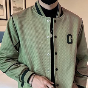 Men Baseball Coat Long Sleeve Single-Breasted Jacket with Letters Print Baseball Collar Outdoor Sports Outerwear