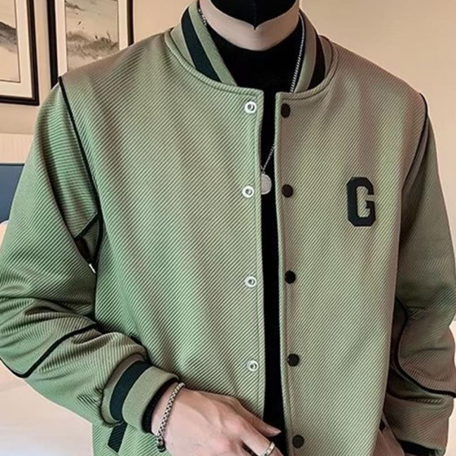 Men Baseball Coat Long Sleeve Single-Breasted Jacket with Letters Print Baseball Collar Outdoor Sports Outerwear