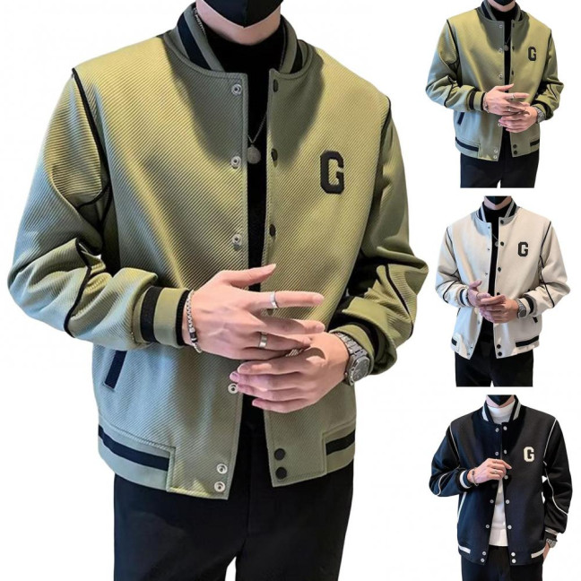 Men Baseball Coat Long Sleeve Single-Breasted Jacket with Letters Print Baseball Collar Outdoor Sports Outerwear