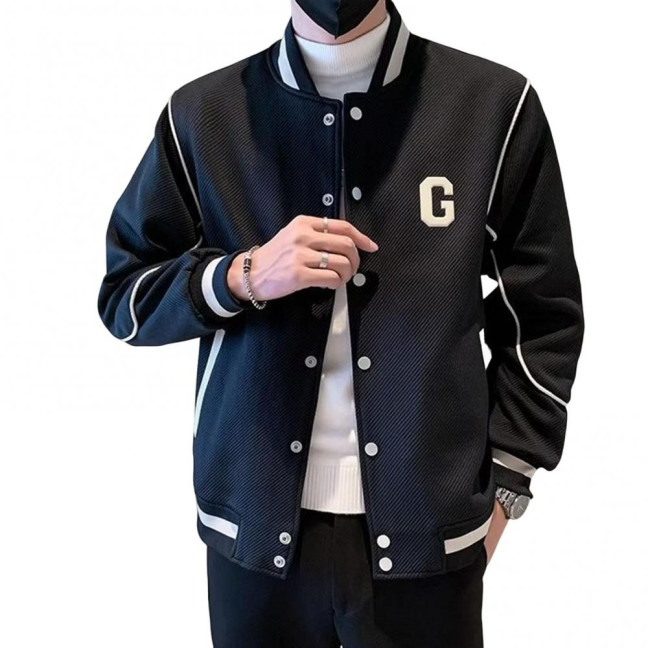 Men Baseball Coat Long Sleeve Single-Breasted Jacket with Letters Print Baseball Collar Outdoor Sports Outerwear