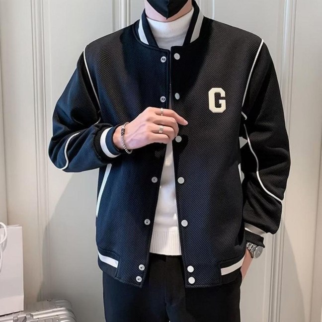 Men Baseball Coat Long Sleeve Single-Breasted Jacket with Letters Print Baseball Collar Outdoor Sports Outerwear