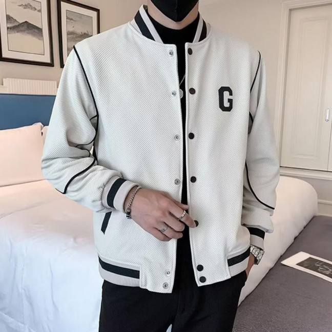 Men Baseball Coat Long Sleeve Single-Breasted Jacket with Letters Print Baseball Collar Outdoor Sports Outerwear
