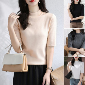 Women Sweater Half High Collar Half Sleeve Knitting Tops Solid Color Slim Fit Sweater Tops Commuting Street Wear