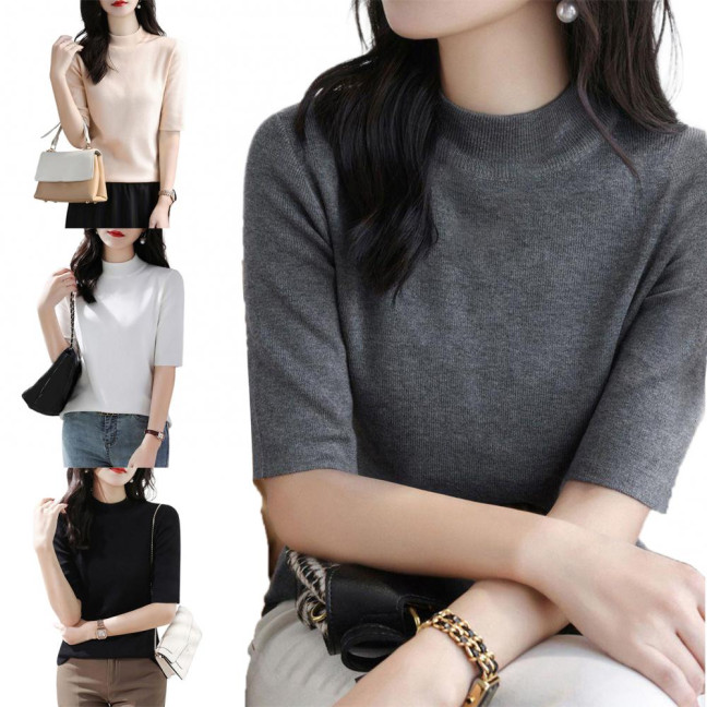 Women Sweater Half High Collar Half Sleeve Knitting Tops Solid Color Slim Fit Sweater Tops Commuting Street Wear