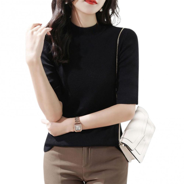 Women Sweater Half High Collar Half Sleeve Knitting Tops Solid Color Slim Fit Sweater Tops Commuting Street Wear