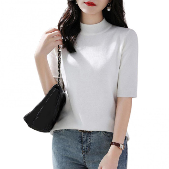 Women Sweater Half High Collar Half Sleeve Knitting Tops Solid Color Slim Fit Sweater Tops Commuting Street Wear