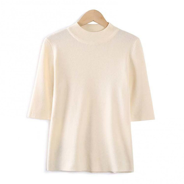 Women Sweater Half High Collar Half Sleeve Knitting Tops Solid Color Slim Fit Sweater Tops Commuting Street Wear