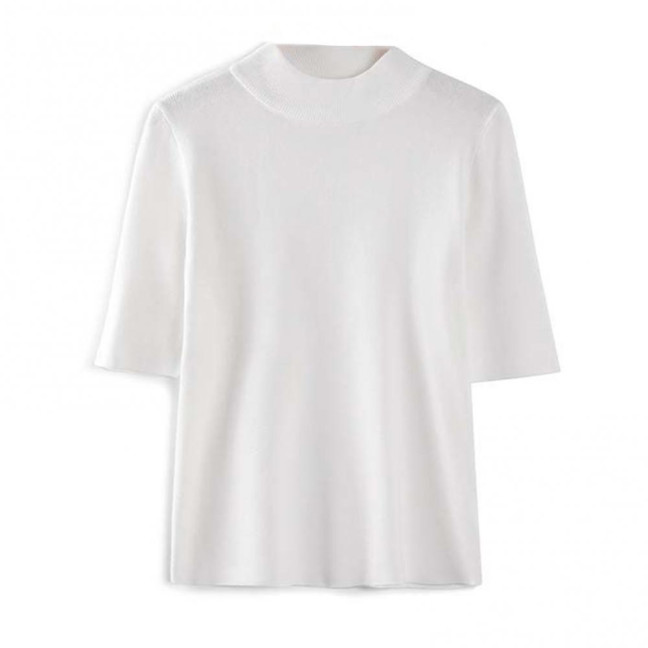 Women Sweater Half High Collar Half Sleeve Knitting Tops Solid Color Slim Fit Sweater Tops Commuting Street Wear