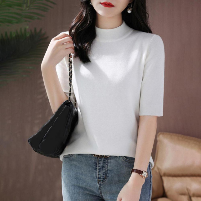 Women Sweater Half High Collar Half Sleeve Knitting Tops Solid Color Slim Fit Sweater Tops Commuting Street Wear