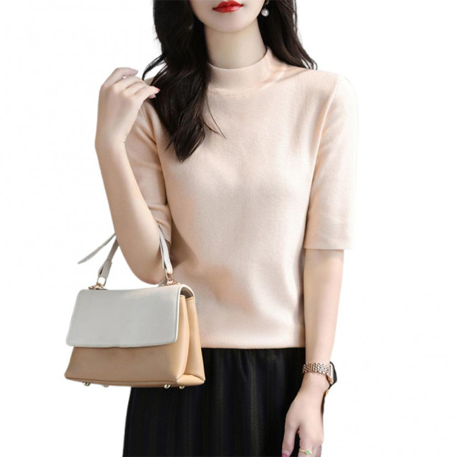 Women Sweater Half High Collar Half Sleeve Knitting Tops Solid Color Slim Fit Sweater Tops Commuting Street Wear