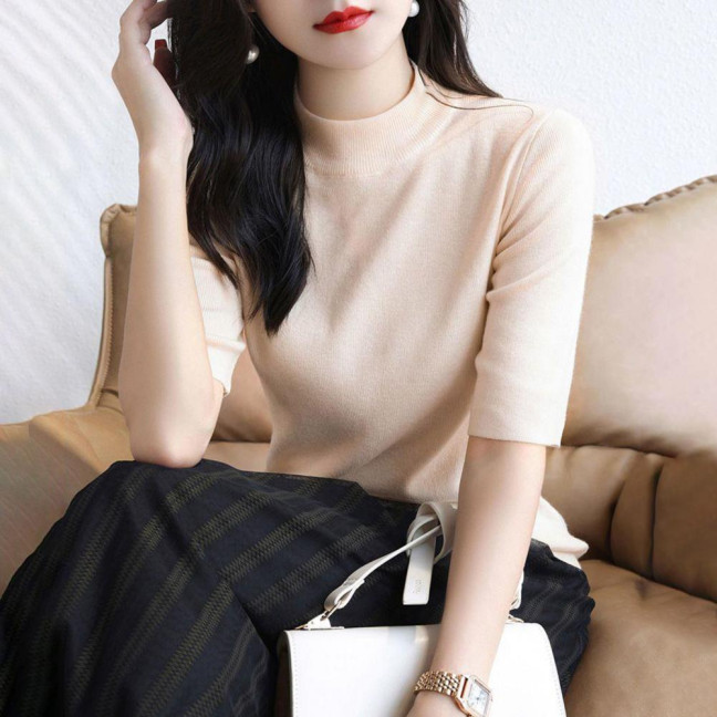 Women Sweater Half High Collar Half Sleeve Knitting Tops Solid Color Slim Fit Sweater Tops Commuting Street Wear