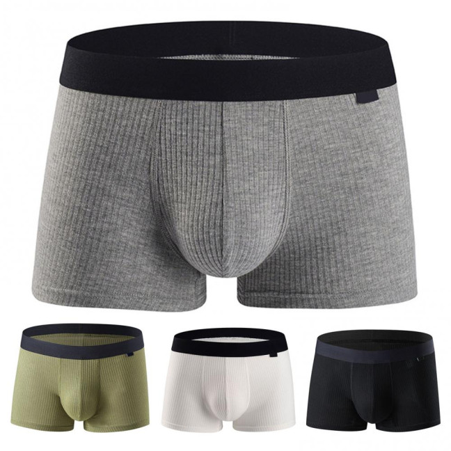 Men Boxer Underwear Mid-Waist U-Convex Ribbed Shorts Panties Breathable Elastic Comfortable Underpants