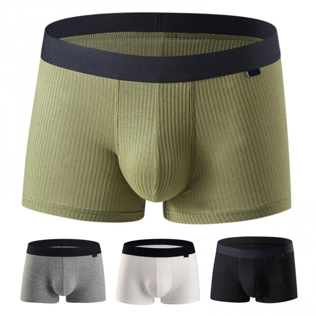 Men Boxer Underwear Mid-Waist U-Convex Ribbed Shorts Panties Breathable Elastic Comfortable Underpants