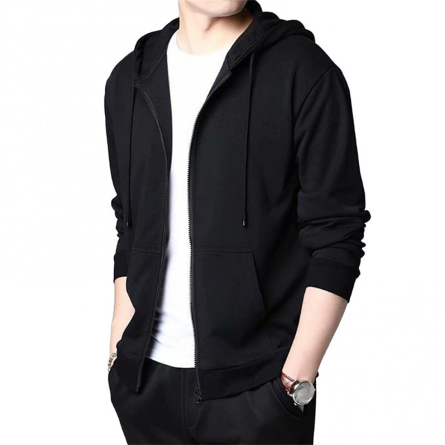 Spring Auutmn Men Coat Hooded Drawstring Zipper Closure Solid Color Elastic Cuffs Loose Sport Coat Thick Plush Outerwear for Various Occasions