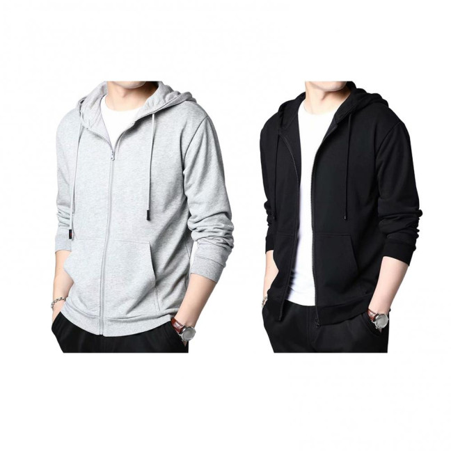 Spring Auutmn Men Coat Hooded Drawstring Zipper Closure Solid Color Elastic Cuffs Loose Sport Coat Thick Plush Outerwear for Various Occasions