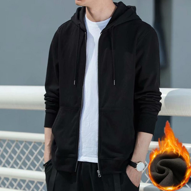 Spring Auutmn Men Coat Hooded Drawstring Zipper Closure Solid Color Elastic Cuffs Loose Sport Coat Thick Plush Outerwear for Various Occasions