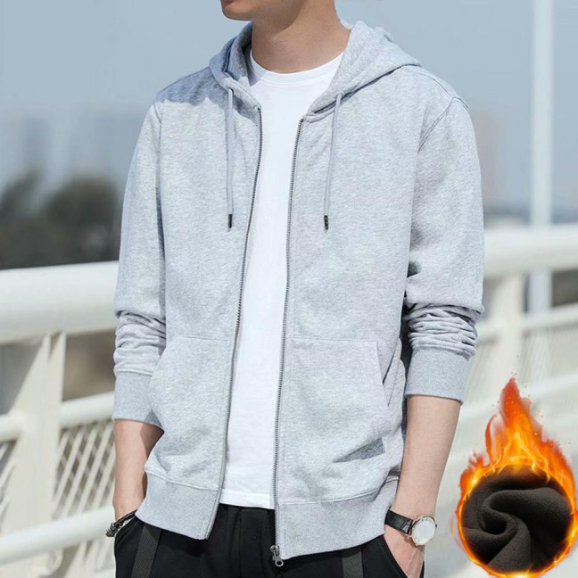 Spring Auutmn Men Coat Hooded Drawstring Zipper Closure Solid Color Elastic Cuffs Loose Sport Coat Thick Plush Outerwear for Various Occasions