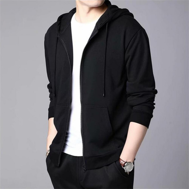 Spring Auutmn Men Coat Hooded Drawstring Zipper Closure Solid Color Elastic Cuffs Loose Sport Coat Thick Plush Outerwear for Various Occasions