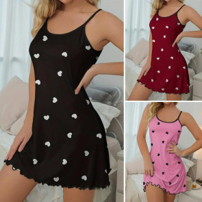 Women Summer Nightgown Heart Printing Shirring Edge Sleeveless Backless Spaghetti Strap A-line Mini Sleepwear Dress Thin Above The Knee Nightdress