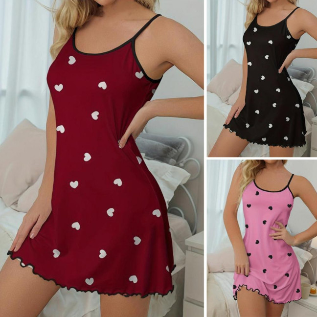 Women Summer Nightgown Heart Printing Shirring Edge Sleeveless Backless Spaghetti Strap A-line Mini Sleepwear Dress Thin Above The Knee Nightdress Women Summer Nightgown Heart Printing Shirring Edge Sleeveless Backless Spaghetti Strap A-line Mini Sleepwear Dress Thin Above The Knee Nightdress