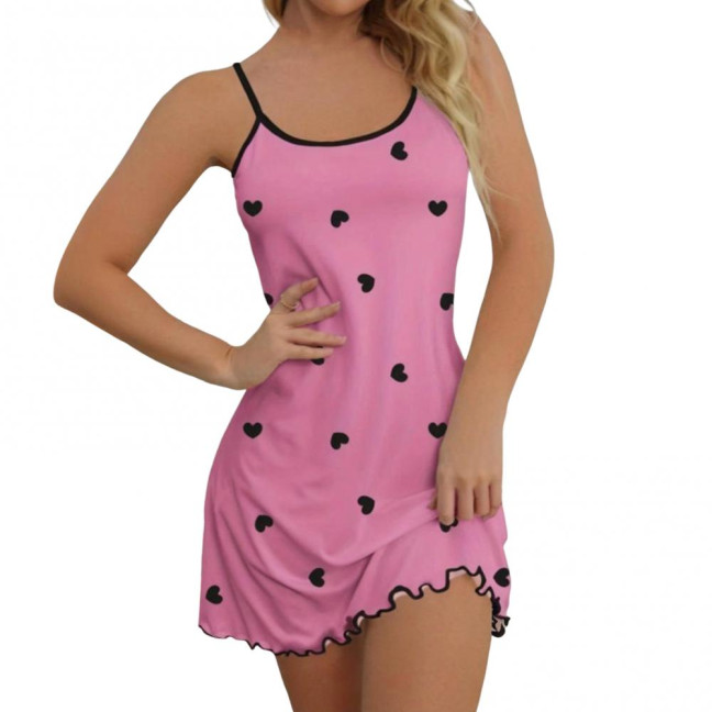 Women Summer Nightgown Heart Printing Shirring Edge Sleeveless Backless Spaghetti Strap A-line Mini Sleepwear Dress Thin Above The Knee Nightdress Women Summer Nightgown Heart Printing Shirring Edge Sleeveless Backless Spaghetti Strap A-line Mini Sleepwear Dress Thin Above The Knee Nightdress