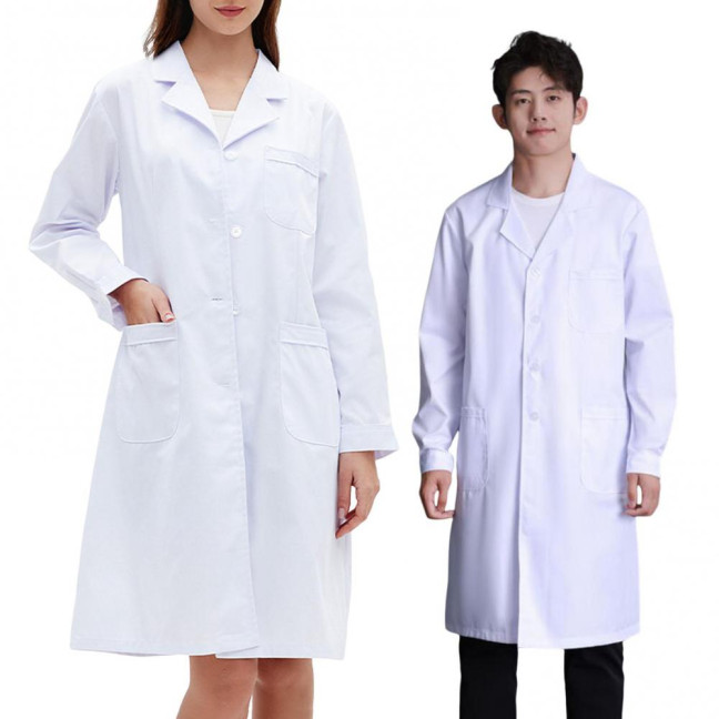 Doctor Coat White Long-Sleeved V-Neck Anti-Fouling Lab Coat Men Women Multi-Pocket Design Work Lab Coat