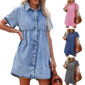 Women Summer Dress Short Sleeves A-line Faux Denim Button-down Mini Dress Solid Color Lapel Patchwork Dress for Dating Commuting Party 