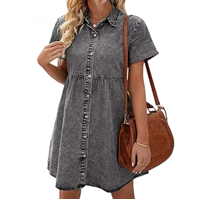Women Summer Dress Short Sleeves A-line Faux Denim Button-down Mini Dress Solid Color Lapel Patchwork Dress for Dating Commuting Party 