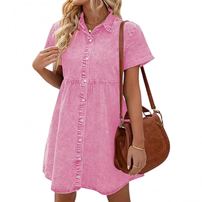 Women Summer Dress Short Sleeves A-line Faux Denim Button-down Mini Dress Solid Color Lapel Patchwork Dress for Dating Commuting Party 
