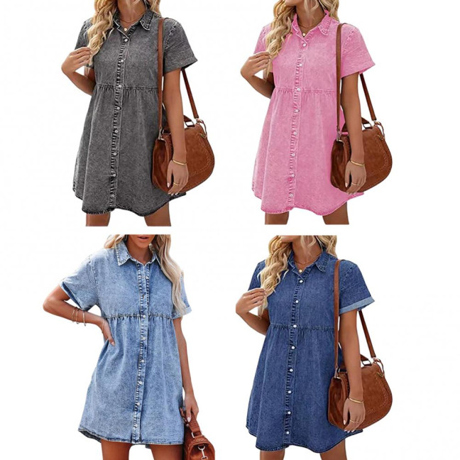 Women Summer Dress Short Sleeves A-line Faux Denim Button-down Mini Dress Solid Color Lapel Patchwork Dress for Dating Commuting Party 