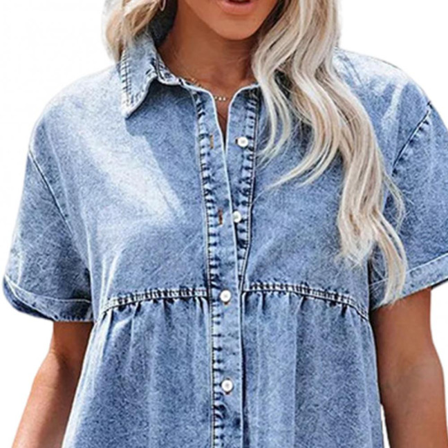 Women Summer Dress Short Sleeves A-line Faux Denim Button-down Mini Dress Solid Color Lapel Patchwork Dress for Dating Commuting Party 