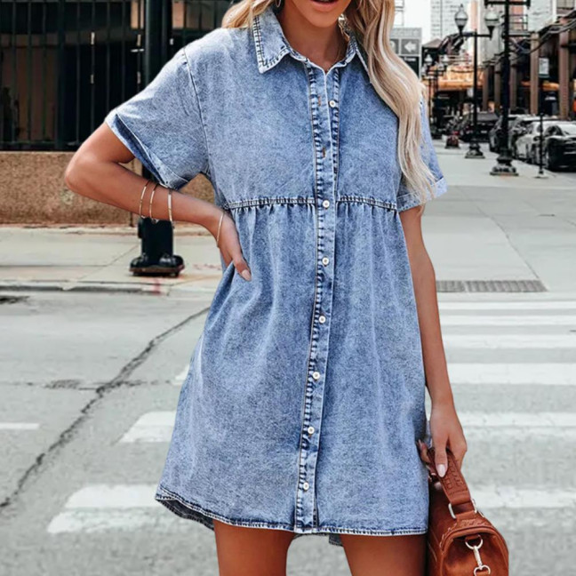 Women Summer Dress Short Sleeves A-line Faux Denim Button-down Mini Dress Solid Color Lapel Patchwork Dress for Dating Commuting Party 