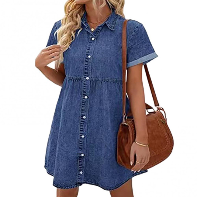Women Summer Dress Short Sleeves A-line Faux Denim Button-down Mini Dress Solid Color Lapel Patchwork Dress for Dating Commuting Party 