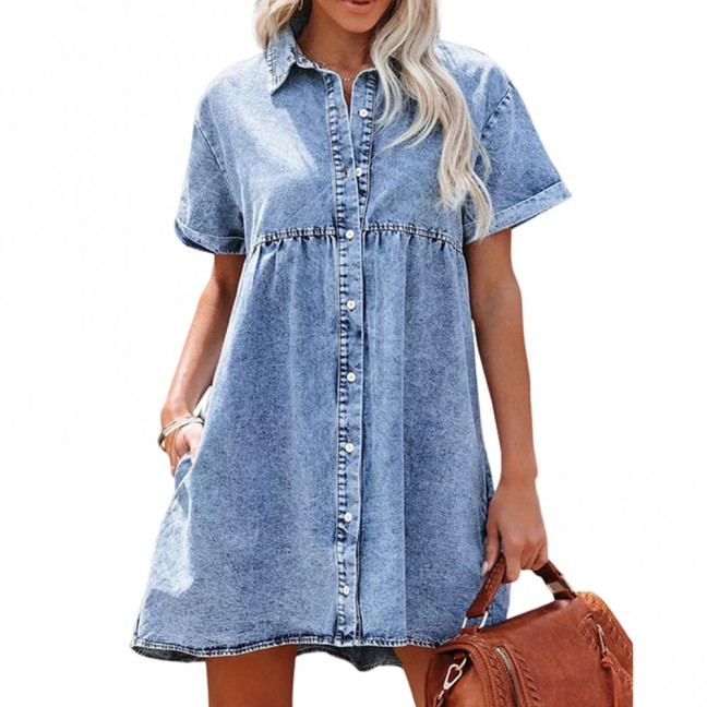 Women Summer Dress Short Sleeves A-line Faux Denim Button-down Mini Dress Solid Color Lapel Patchwork Dress for Dating Commuting Party 