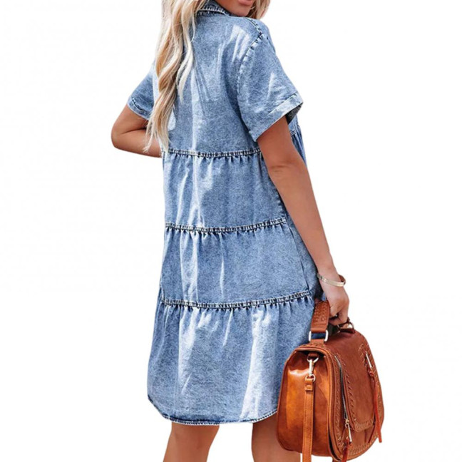 Women Summer Dress Short Sleeves A-line Faux Denim Button-down Mini Dress Solid Color Lapel Patchwork Dress for Dating Commuting Party 