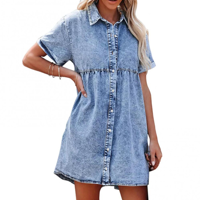 Women Summer Dress Short Sleeves A-line Faux Denim Button-down Mini Dress Solid Color Lapel Patchwork Dress for Dating Commuting Party 