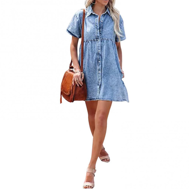 Women Summer Dress Short Sleeves A-line Faux Denim Button-down Mini Dress Solid Color Lapel Patchwork Dress for Dating Commuting Party 