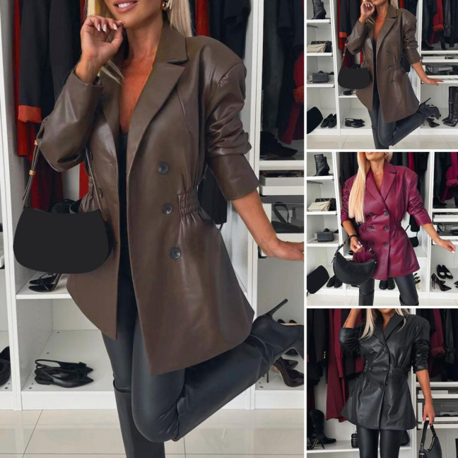 Women Coat Elastic Slim Waist Smooth Surface Faux Leather Turn-down Collar Jacket Mid Length Solid Color Double-breasted Outerwear 