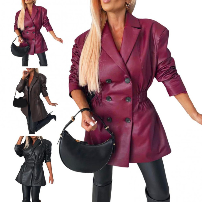 Women Coat Elastic Slim Waist Smooth Surface Faux Leather Turn-down Collar Jacket Mid Length Solid Color Double-breasted Outerwear 