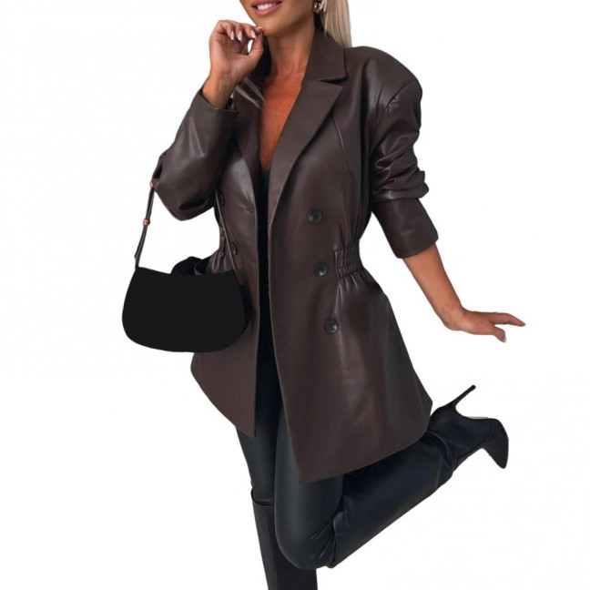 Women Coat Elastic Slim Waist Smooth Surface Faux Leather Turn-down Collar Jacket Mid Length Solid Color Double-breasted Outerwear 