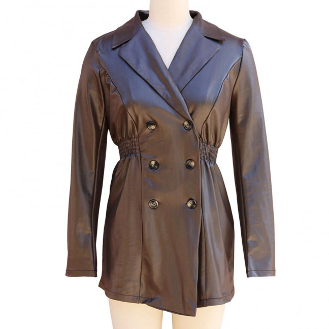 Women Coat Elastic Slim Waist Smooth Surface Faux Leather Turn-down Collar Jacket Mid Length Solid Color Double-breasted Outerwear 