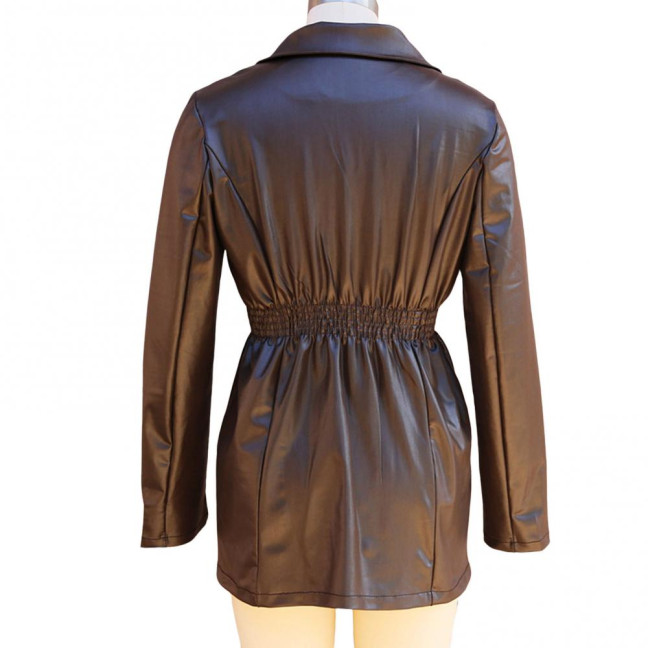 Women Coat Elastic Slim Waist Smooth Surface Faux Leather Turn-down Collar Jacket Mid Length Solid Color Double-breasted Outerwear 