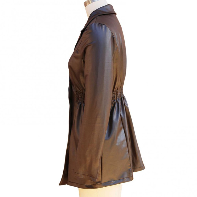 Women Coat Elastic Slim Waist Smooth Surface Faux Leather Turn-down Collar Jacket Mid Length Solid Color Double-breasted Outerwear 