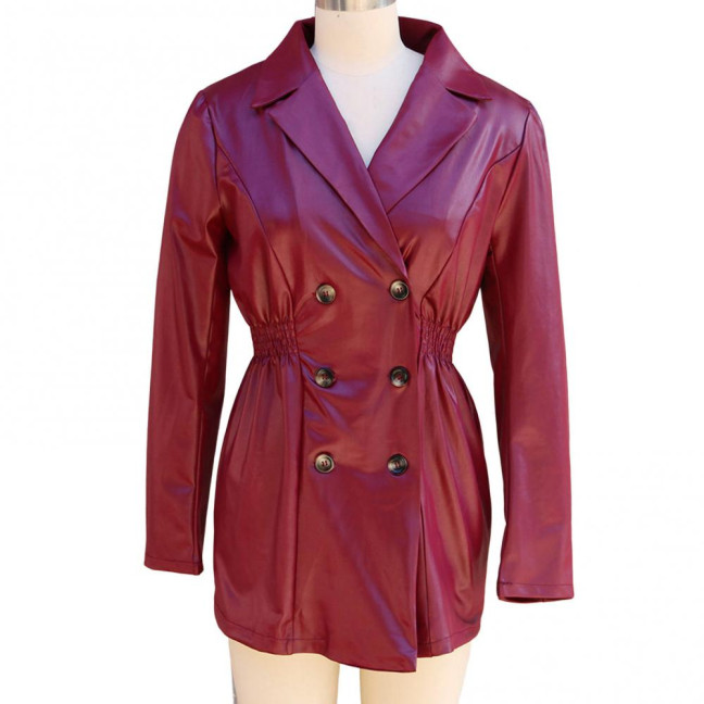 Women Coat Elastic Slim Waist Smooth Surface Faux Leather Turn-down Collar Jacket Mid Length Solid Color Double-breasted Outerwear 